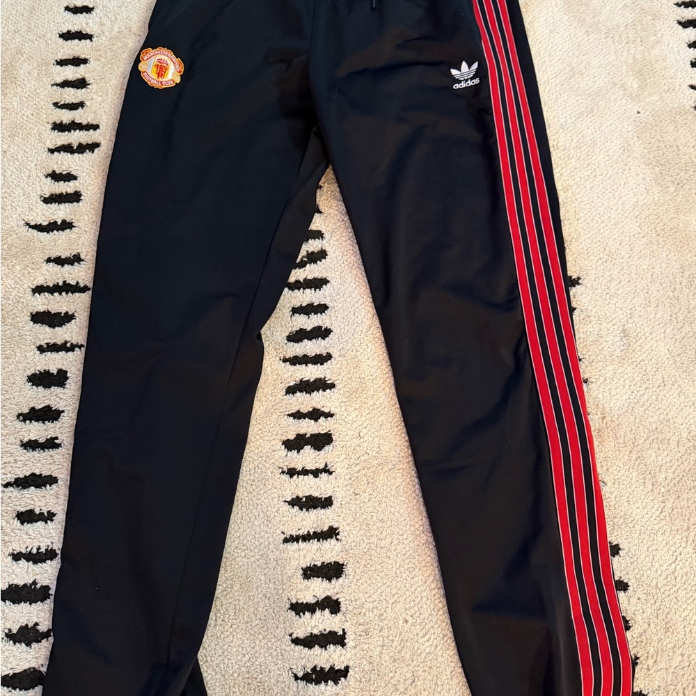 Large adidas Black Track Pants with Red Side Stripes